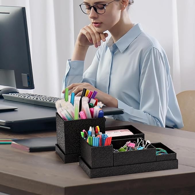 Desk Organizer,Office Desk Accessories,Paperboard Desktop Organizer with Pen Pencil Holder and Sticky Note Tray,Paperclip Storage, Black