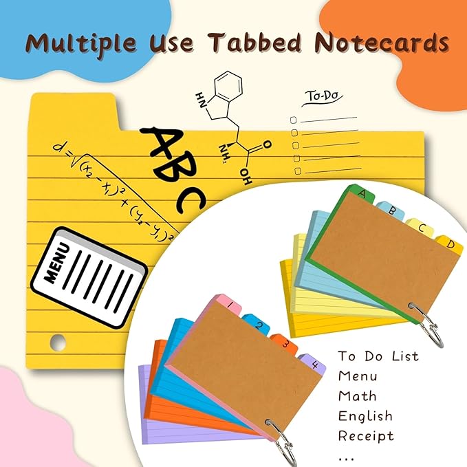 200PCS Tabbed Index Cards with Ring 3x5: Lined Colored Flash Card with Tabs, Assorted Colors Thicken Notecards School Supplies for Students Study Note Office Essentials (ColorA+ColorB, 200PCS)