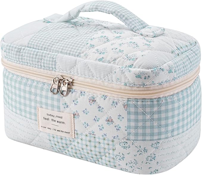 uekeboag Large Travel Quilted Makeup Bag for Women | Soft Floral Cotton Cosmetic Bag, Foldable Coquette Aesthetic Toiletry Organizer