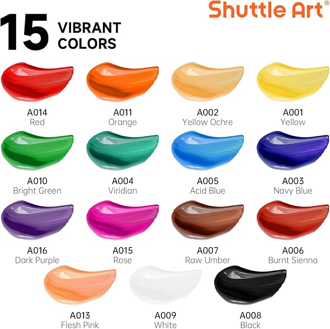 47 Pack Acrylic Paint Set, Shuttle Art 15 Colours (12ml Each, 2Pack) Acrylic Paint with 10 Brushes Painting Canvas Knife Palette Sponge, Complete Gift Set for Kids, Adults Painting Canvas, Ceramic