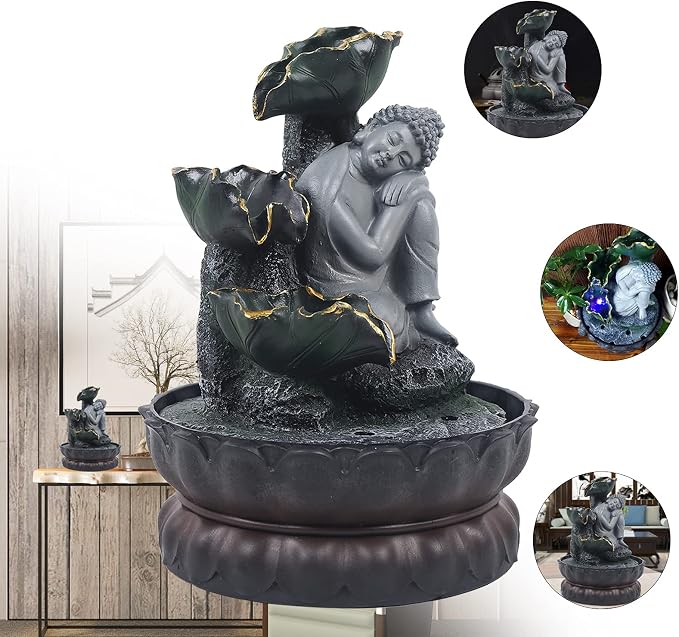 Indoor Fountain Rockery Tabletop Fountain with Buddha Water Feature | Meditation Desktop Fountains for Home Office Decor or Giving 8.1'' x 8.1'' x 11'' with LED Light