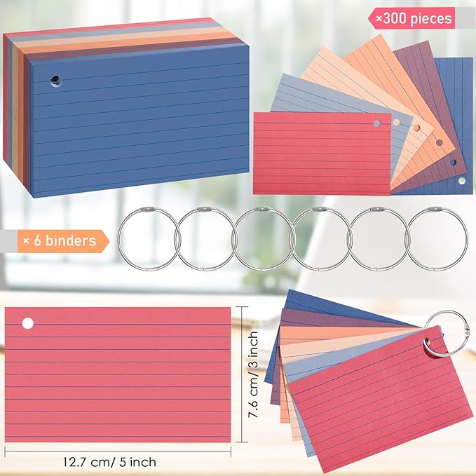Epakh 300 Pieces Lined Index Cards 180 GSM Thick Flash Cards with Rings Notecards Punched Back to School for Studying Adults Home College Office(3 x 5 Inch,Novel Colors)