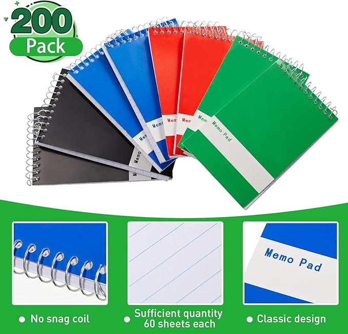 Thenshop 200 Pads Spiral Memo Pads Bulk 3 x 5 Inch Small Pocket Notepad Top Bound Lined 60 Sheets Mini Notebooks for School College Office Home Supplies (Black,Green,Dark Blue,Red)