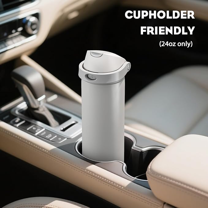 POWCAN 24 oz Metal Water Bottle with Straw for Travel: 100% Leakproof, Quick Open Lid, Keep Cold for 24 Hours, Car Cup Holder Friendly, Insulated Vacuum Flask for Commute, Workouts, Gift (Stone White)