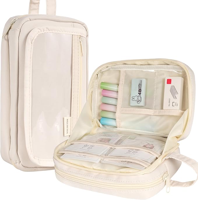 Zmains Big Capacity Pencil Case Large Pencil Pouch Pen Bag Pencil Box Holder Organizer Simple Storage Aesthetic Cosmetic for Men Women Office Essentials (Beige)