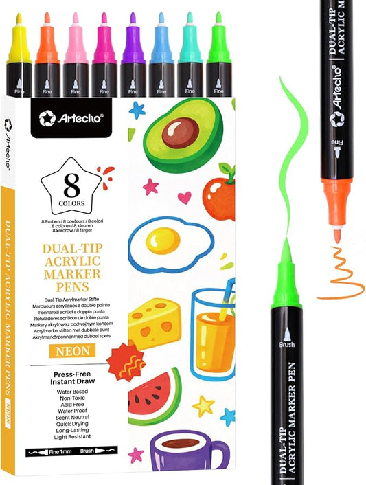 Artecho Acrylic Paint Markers 8 Fluorescent Colors, for Stone, Rock Painting, Paper, Pumpkin, Wood, Egg, Canvas, Ceramic, Fabric, leather, Glass, DIY Crafts