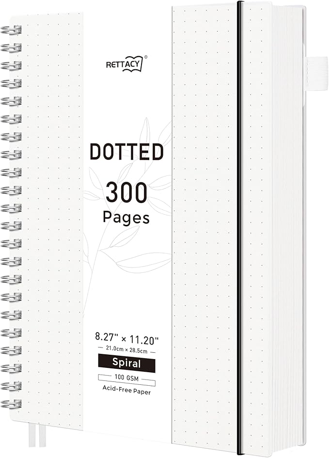 RETTACY Dotted Journal Notebook, 300 Pages, A4 Large Size (8.2'' × 11.2''), 100 GSM Thick Paper, Flexible Plastic Cover, Spiral-bound, for Journaling, Planning, Tracking (Transparent)