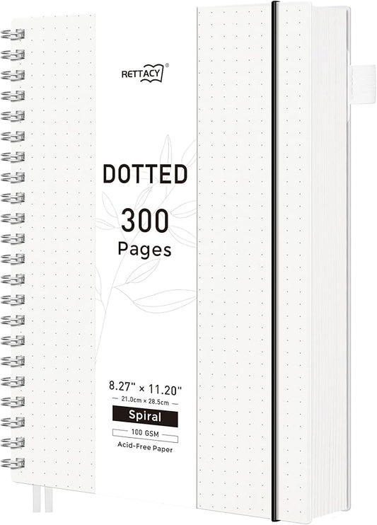 RETTACY Dotted Journal Notebook, 300 Pages, A4 Large Size (8.2'' × 11.2''), 100 GSM Thick Paper, Flexible Plastic Cover, Spiral-bound, for Journaling, Planning, Tracking (Transparent)