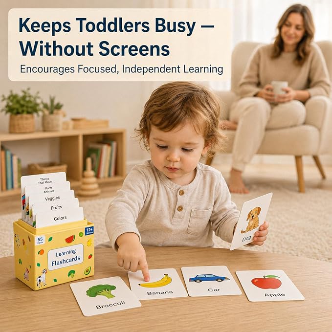 Flash Cards for Toddlers 1–3 – 55 Thick & Durable Learning Flashcards, First Words, Real-Life Images, Montessori Toy 12+ Months