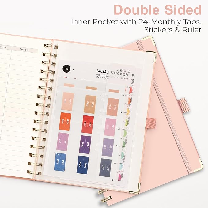 RETTACY Undated Planner, Weekly and Monthly, 53 Weeks and 12 Months, Medium Size (5.7" x 8.3"), 24 Self-adhesive Monthly Tabs, Hardcover, 100 GSM Thick Paper, Spiral-bound (Pink)