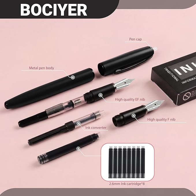 Super Smooth Writing Fountain Pen Set,Includes 2 Hand Polished Iridium Nibs(Fine & Extra Fine),8 Ink Cartridges,2 Ink Refill Converter and Gift Box,Best Pen Gift Set for School,Office(Black)