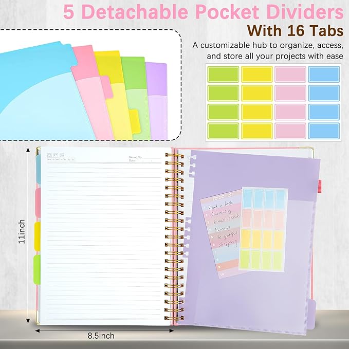 Hardcover Spiral Notebooks for Work 8.5''x 11'', 300 Pages 5 Subject Notebook with Dividers & Tabs, A4 Spiral Journal for Women, College Ruled Notebooks for School Note-Taking (Pink)
