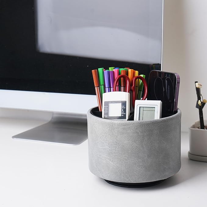 Round Leather Art Supply Organizer,Remote Control Holder,360 Degree Spinning,Multi-Functional Pencil Holder,4 Compartments Desktop Stationary Organizer(1-Crazy Blue)