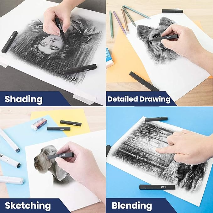 Artist Compressed Charcoal Stick Assorted Soft Medium Hard Artist Charcoal Medium for Drawing Sketching Shading, Art Supplies Sketch Kits Tools Pack of 6