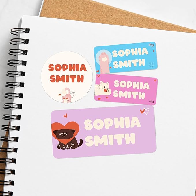 EGD Personalized Name Tag Stickers for Kids (130+ Pack) | Cat Waterproof Labels for School Supplies, Bottles & Lunch Boxes | Custom Vinyl Name Labels for Clothing, Toys & More (F. Cats)
