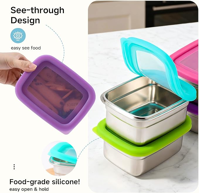 BEFOY Stainless Steel Snack Containers with Clear Silicone Lids for Kids/Adult Leak Proof Stackable Metal Lunch Box for Kitchen Storage, Meal Prep Easy Open & BPA-Free Stackable Box for Daycare