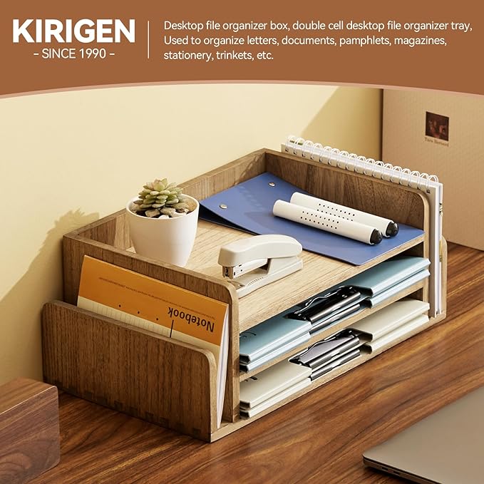 KIRIGEN Wood Desk Organizer 5 Trays, 3-Tier Desktop Document Letter Tray with Side Slots, Fully Assembled Mail Sorter and File Folder Holder for Home Office, Brown 2TP-DBR