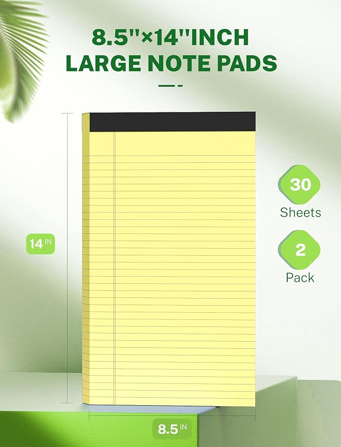 Zaviko Legal Pads 8.5 x 14, Wide Ruled Legal Pads, 12 Pack Yellow Paper 8.5 x 14, 30 Sheets per Notepad, Large Writing Pad for Office Supplies, College, Micro Perforated Lined Writing Pads, 70 GSM