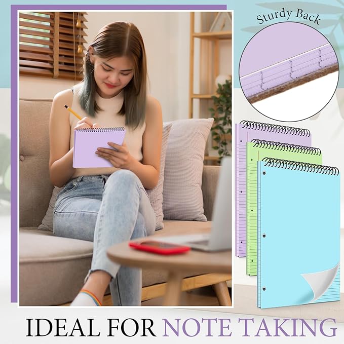 MotiMind 10 Pack 8.5" x 11" Top Spiral Notebook with 3 Hole Punched Legal Pads College Ruled Notepad 50 Sheets Hard Cardboard Paper Wirebound Notepad for Office School Business(Green, Blue, Purple)