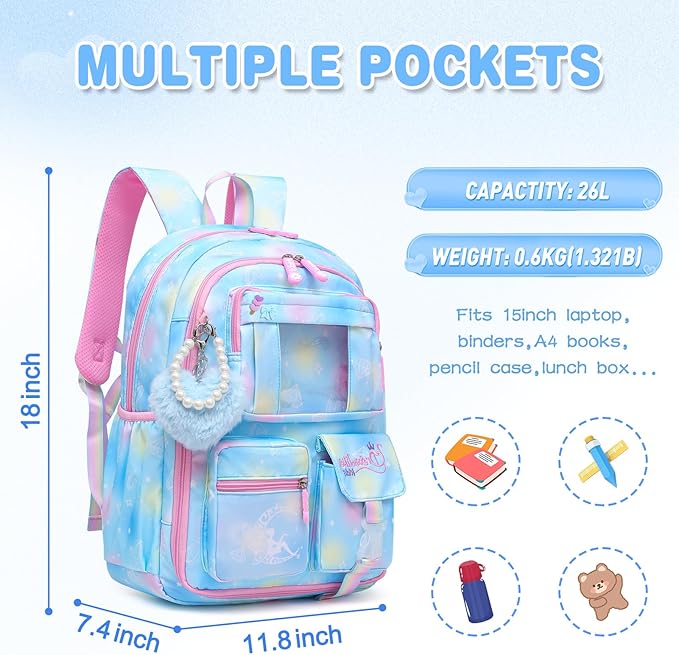 Alrisg Girls Backpack for Kids Elementary Middle School Cute Student Bookbag School Bag Blue