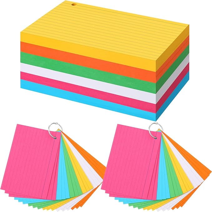 Leelosp 300 Pcs Colored Ruled Index Cards with 6 Rings 180 Gsm Thick Neon Color Study Flash Cards Single Hole Punched Lined Flashcards Studying Notecards One Side for Study(4 x 6 in,Fresh Color)