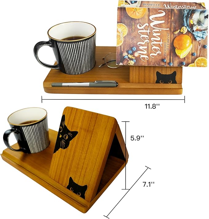 Wooden Book Stand, Triangle Book Holder, Small Bookshelf, Black Cat Book Rest with Cup Holder, for Reading or Desktop Decoration, Coffee and Book Lovers Father's Day Gifts for Dad & Husband