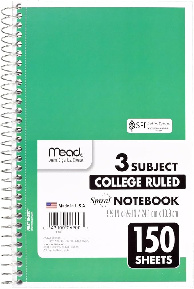 Mead Small Spiral Notebook, 3-Subject, College Ruled Paper, 9-1/2" x 5-1/2", 150 Sheets per Notebook, Color Will Vary, 1 Count (06900)