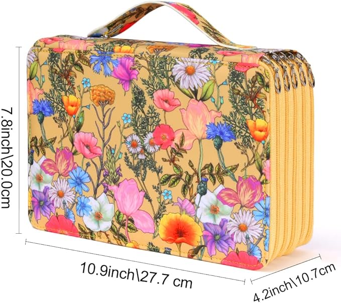 Vomgomfom 252 Slots Pencil Bag, 5-Layer Zipper Art Supply Organizer, PU Leather Portable Colored Pencil Case with Handle for 252 Watercolor Pens, Gel Pens (Yellow Flower)