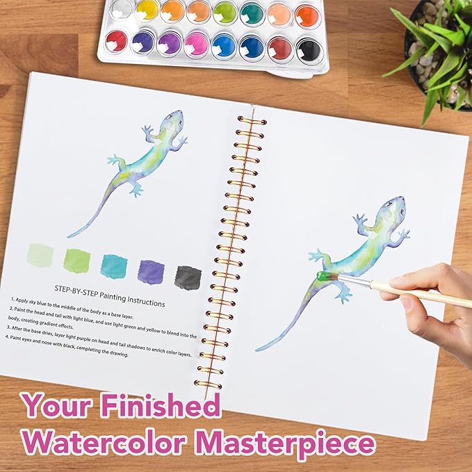 Easy Watercolor Workbook for Beginners - 12 Beautiful Step-by-Step Paintings Water Coloring Book, Includes 16 Colors Paints, Relaxing Art Projects and Creative Gift for Adults & Teen (Lizards)