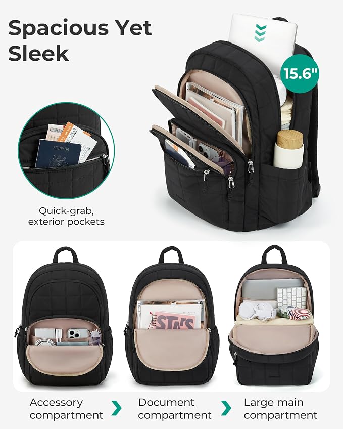 BAGSMART Travel Backpack for Women, College Laptop Backpack, Dark Gray | Fits 15.6" Laptop, Personal Carry-on Size with Trolley Sleeve, Quilted Style for College Nurse Teacher, Water-Resistant