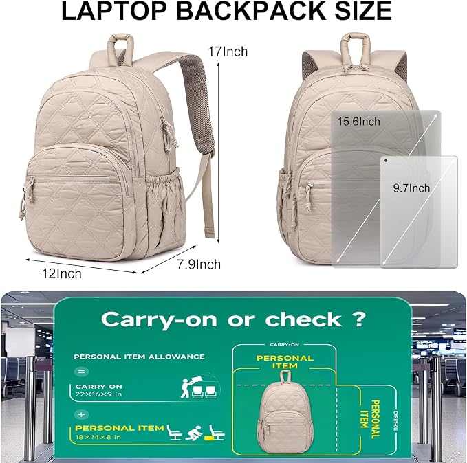Travel Laptop Backpack for Women - 15.6 Inch College Backpacks Quilted Computer Bookbag Lightweight Casual Daypack Water-Resistant Backpacks for Students Teacher Work Camel