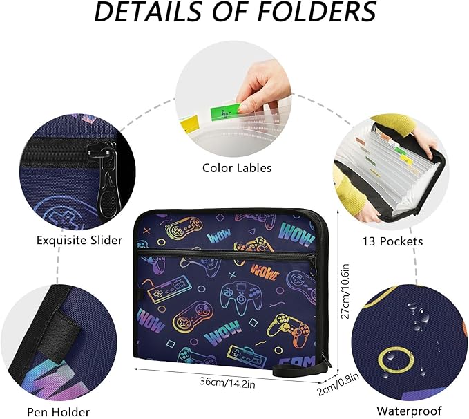 Game Controller Seamless 13 Pocket File Organizer Expanding File Folder with Front Pouch Portable Business File Storage Document Organizer Folder with Zipper