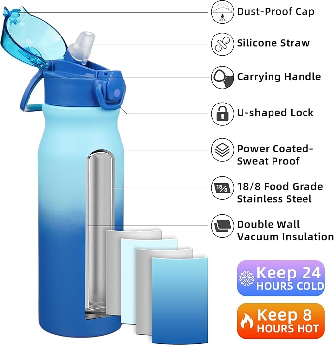 BJPKPK Insulated Water Bottle 25oz Stainless Steel Water Bottles with Straw and Carry Handle Double Wall Metal Thermal Flask,Sky