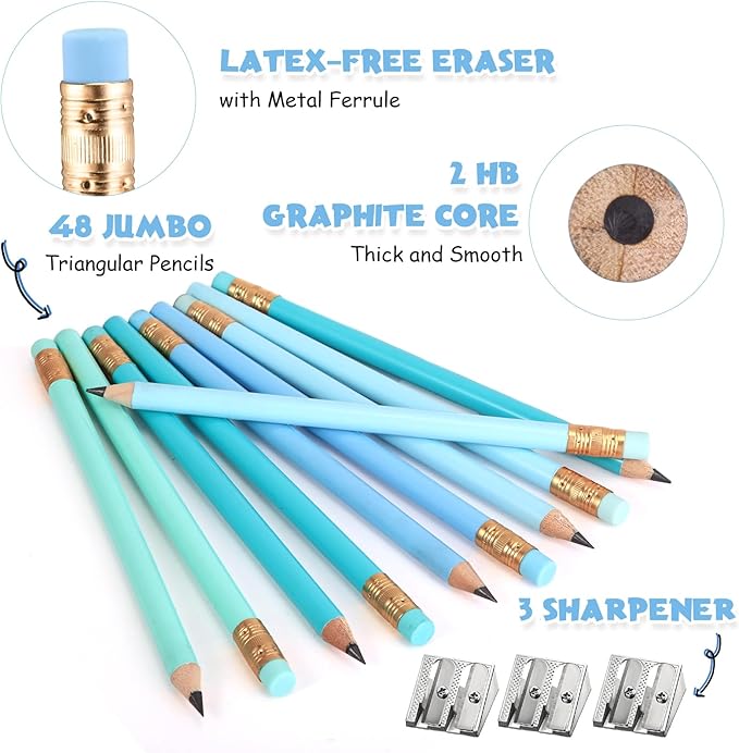 Fainne 48 Pcs Fat Pencils Jumbo Big Thick Large Pencils and 3 Pieces Sharpeners for Kids Beginners Preschoolers Kindergarten School Office Supplies(Turquoise Blue Series,Round)