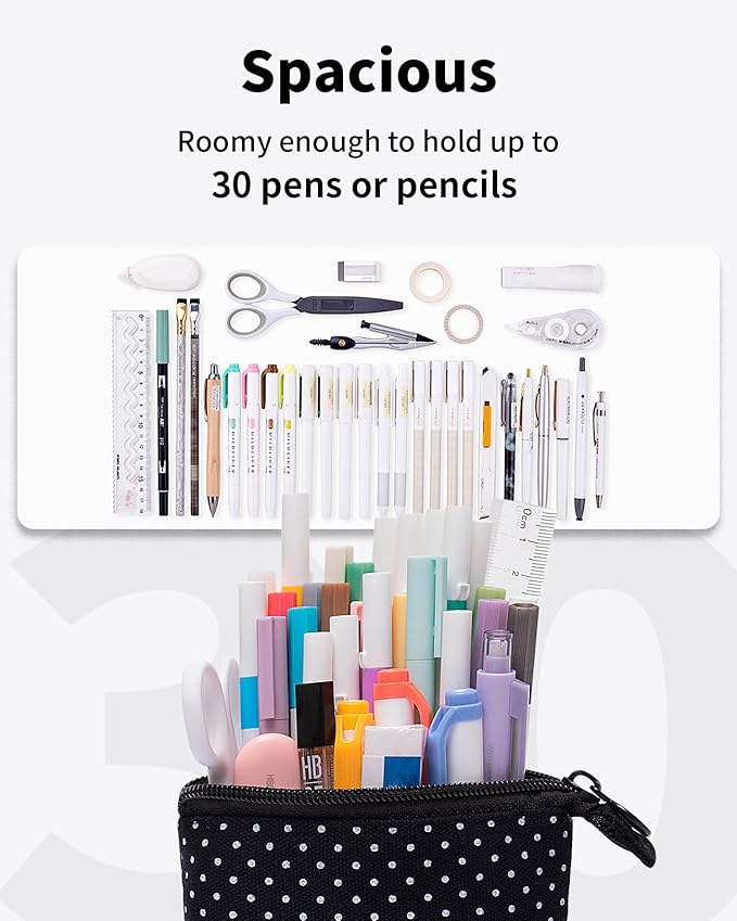 Sooez Standing Pencil Case, Cute Stand up Pencil Pouch, Telescopic Pen Pouch, Portable Pencil Holder, Kawaii Stand up Pencil Case, Spacious Pencil Pouch Bag for School Office Supplies, Black