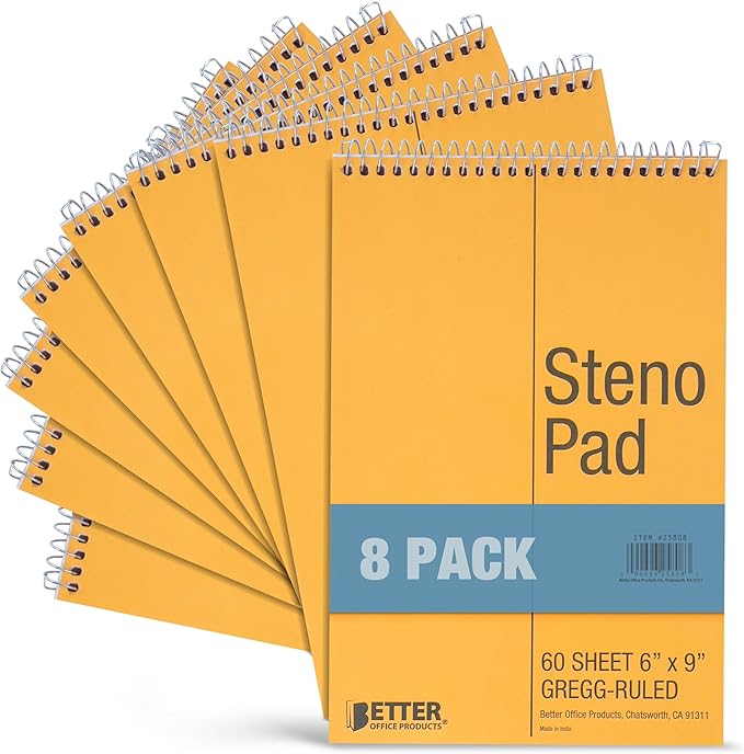 Better Office Products Spiral Steno Pads, 8 Pack, 6 x 9 inches, 60 Sheets, White Paper, Gregg Rule, Natural Board Cover, 8 Steno Notebooks