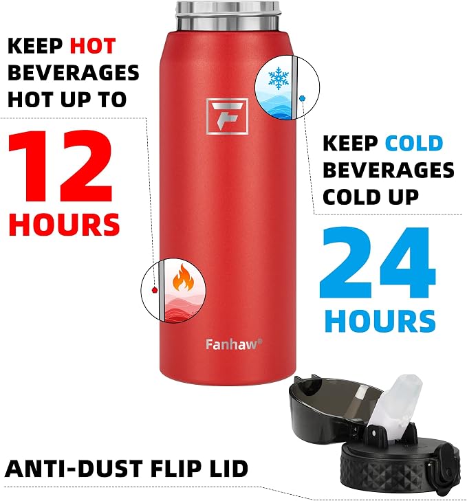 Fanhaw 24 Oz Kids Insulated Stainless Steel Water Bottle with Straw Lid, Leakproof & Anti-Dust Everyday Use Bottle for School, Women & Men, Back to School Essentials (Red)