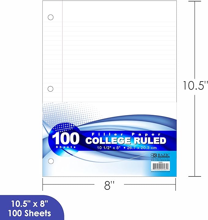BAZIC Products College Ruled Filler Paper, 100 Sheets, 3-Hole Punched, 2-Pk