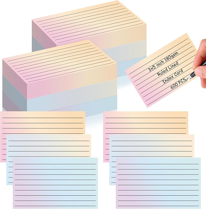 600 Pack Ruled Index Cards 3x5 Gradient Colored Index Cards Heavy Weight Note Cards 180gsm Flashcards Double Sided Notecards Lined Recipe Cards for Studying Drawing