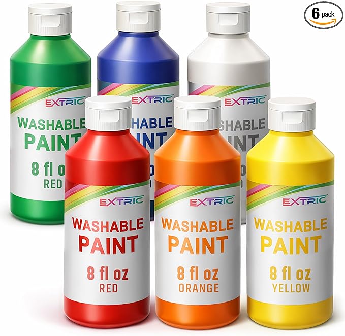 EXTRIC Washable Paint for Kids - 6 Bold Colors x 8 oz Bottles (48 fl oz Total) Non-Toxic Easy Clean Tempera Kid Paint Rich Pigment Paints for Toddlers, Classroom & Arts and Crafts