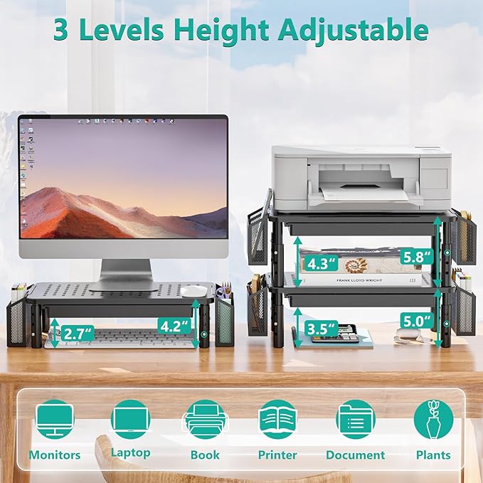 WALI Desk File Organizer, 2 Tier Desktop Paper Letter Tray Organizer with Drawer and Pen Holders, Office Desk Accessories, Laptop Riser for Computer, Laptop, Printer (STT003DH-B), 1 Pack, Black