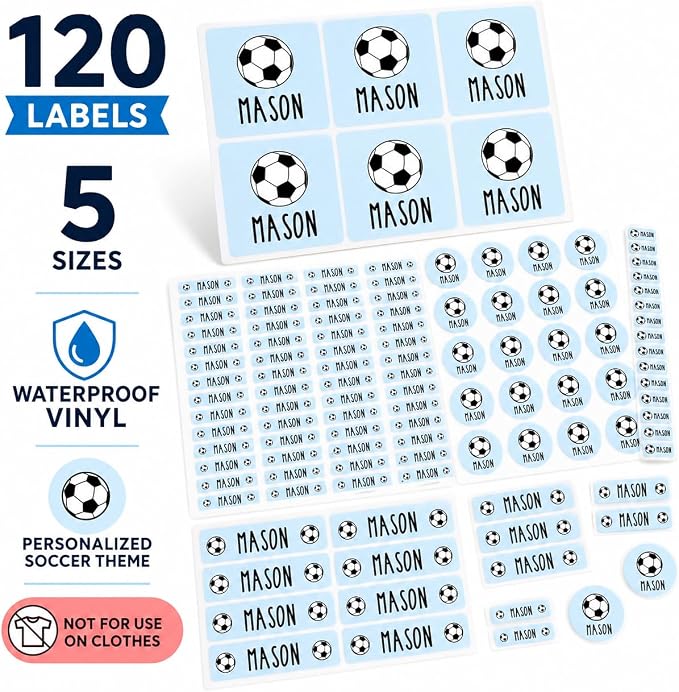 Andaz Press Custom Personalized Waterproof School Name Labels, Soccer, 120-Pack, Kids Labels Combo Pack, Customizable Multi-Use Name Stickers Personalized School Supplies Camp Label Daycare Stickers