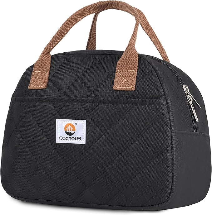 CaCTOUR Lunch Bag Women,Insulated Quilted Lunch Bag, Small Portable Cute Lunch Box,Cooler Bag Reusable Lunch Tote for Work/Travel/Picnic (Black)