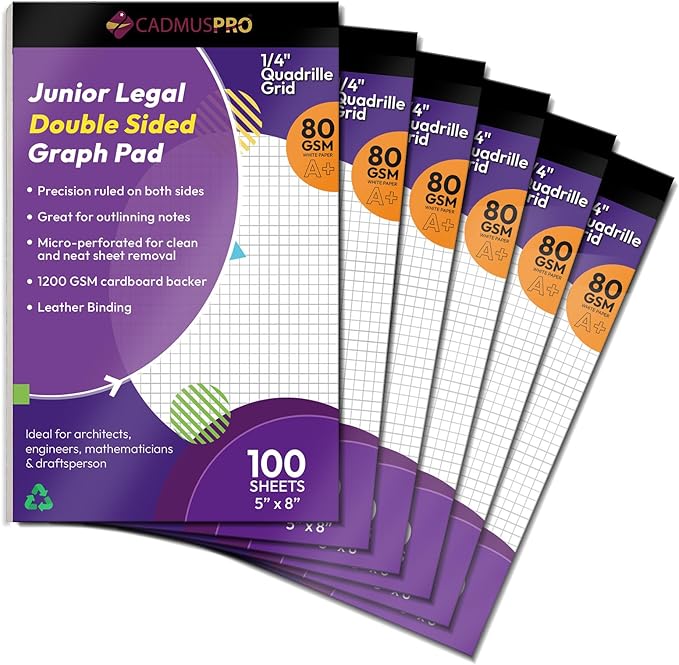 Graph Paper Pad 5x8 Inches, 6 Pack 600 Sheets, Double-Sided 1/4 Inch Quadrille Grid 80 GSM Small Graph Pads for Math, Science, Engineering, Drafting and Notes