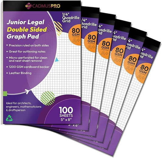 Graph Paper Pad 5x8 Inches, 6 Pack 600 Sheets, Double-Sided 1/4 Inch Quadrille Grid 80 GSM Small Graph Pads for Math, Science, Engineering, Drafting and Notes
