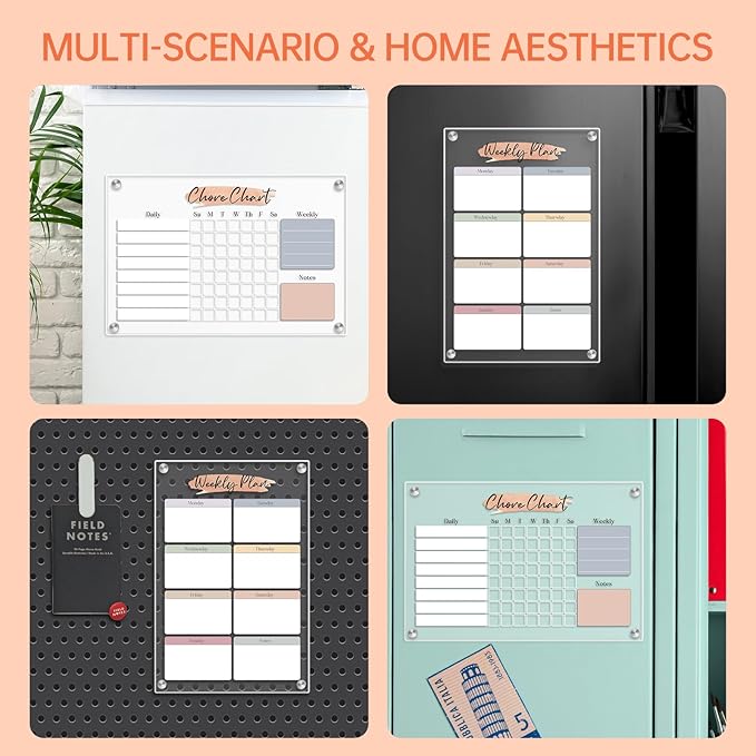 Magnetic Dry Erase Acrylic Chore & Weekly Calendar Set for Fridge, Refrigerator Visual Color-Block Design with 6 Color Erasable Magnetic Markers, Ideal for Kitchen Meal Planner & Fmaily Work Task