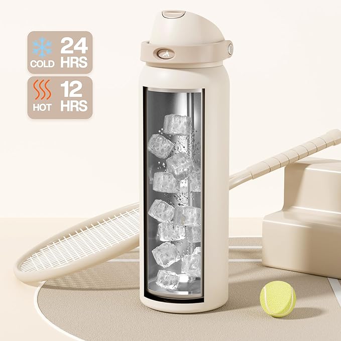 POWCAN 40 oz Insulated Water Bottle, 2-in-1 Push-Button Spout & Quick-Flip Straw Lid, Leakproof, Keep Cold 24Hrs, BPA-Free, Stainless Steel Water Bottle for Sports, School, Travel, Gym (Oat Mousse)