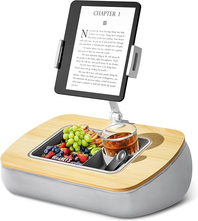 ERGONOV Tablet Stand Pillow with Snack Bowl, iPad Lap Holder for Hands-Free Reading and Relaxation on Bed,Couch,Recliner, 360° Rotating Clip for 4.7-13" Kindle,eBook,Tablet,iPhone (Birch Gray)