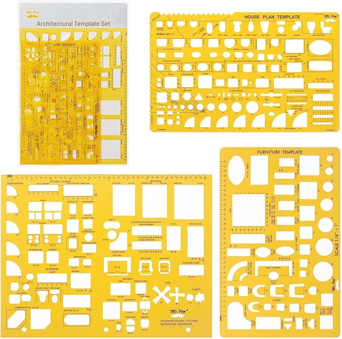 Mr. Pen- House Plan, 3 pcs, Interior Design and Furniture Templates, Clear Flexible Plastic, Drafting Tools, Ruler Shapes for Architecture, 1/4 Inch Scale, Kitchen, Bath, Bedroom, Office, Living Room