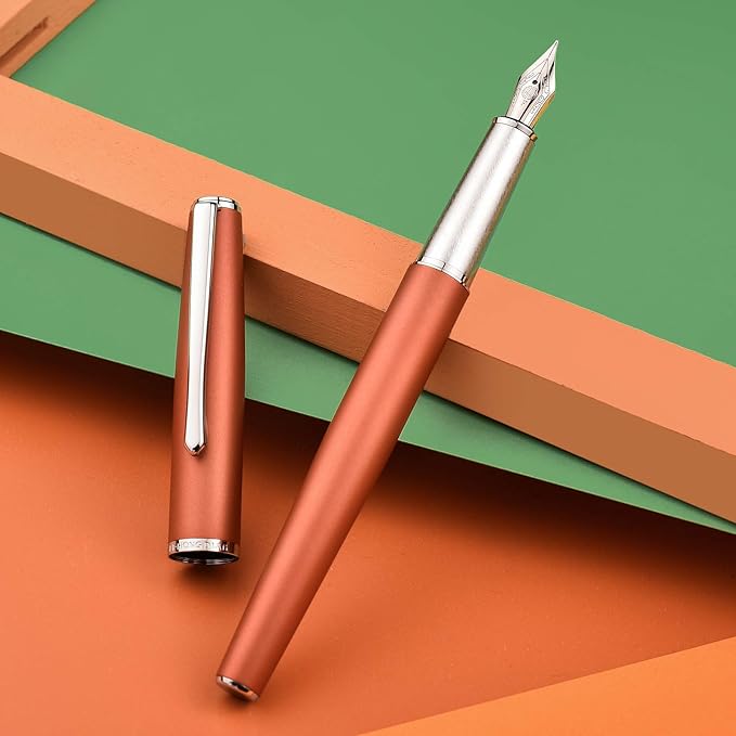 Hongdian 920 Orange Metal Fountain Pen Medium Nib Classic Pen, Includes Refillable Converter and Pen Pouch